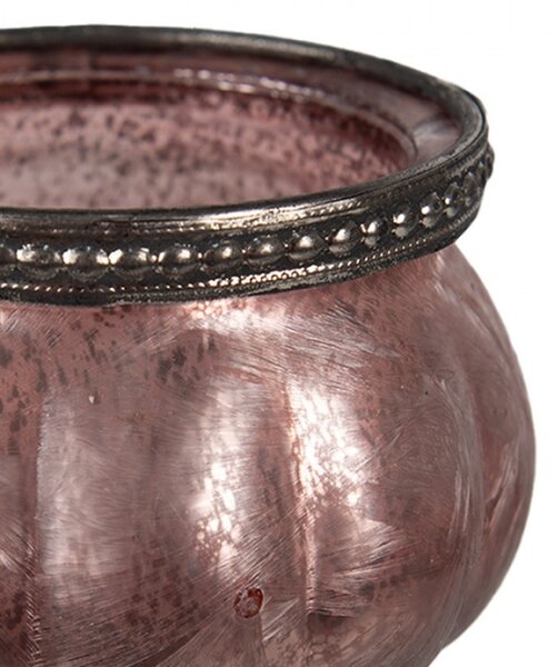 Růžový skleněný svícen na čajovou svíčku ve tvaru dýně – 9x6 cm