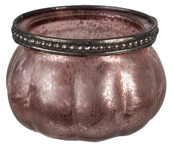 Růžový skleněný svícen na čajovou svíčku ve tvaru dýně – 9x6 cm