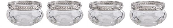 Set 4 skleněných transparentních svícnů na čajovou svíčku se stříbrným dekorem – 6x3 cm