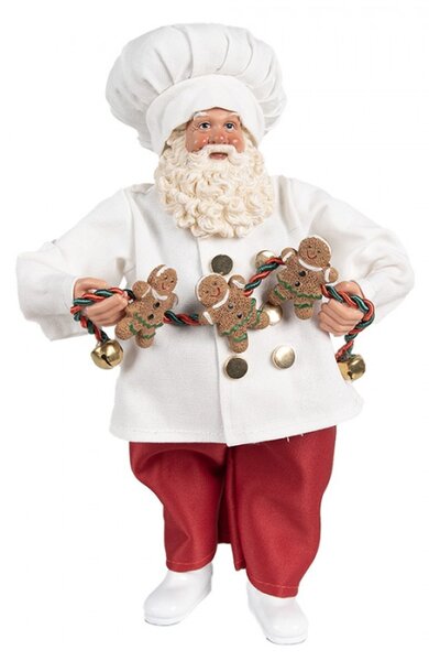 Bílá vánoční dekorace Santa Claus s kuchařskou čepicí a řetězem se třemi perníčky – 27 cm