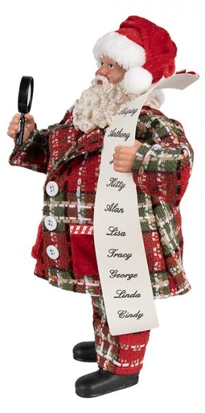 Červená vánoční dekorace Santa Claus v pyžamu držící seznam jmen dětí a lupu – 27 cm