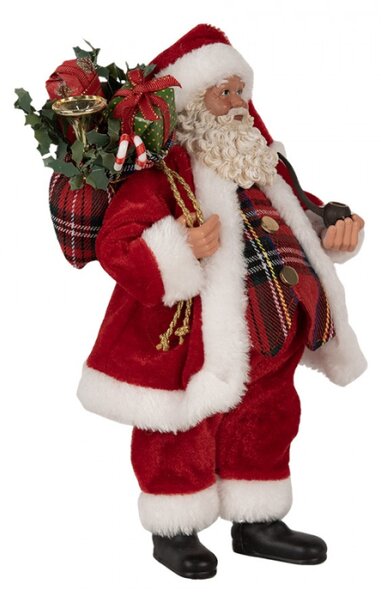 Červená vánoční dekorace Santa Claus s černou fajfkou a pytlem dárků – 27 cm