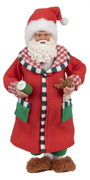 Červená vánoční dekorace Santa Claus s dlouhými vousy držící perníčka a hrnek s čokoládou – 28 cm
