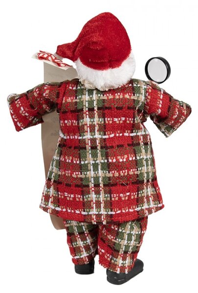 Červená vánoční dekorace Santa Claus v pyžamu držící seznam jmen dětí a lupu – 27 cm