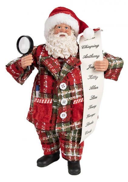 Červená vánoční dekorace Santa Claus v pyžamu držící seznam jmen dětí a lupu – 27 cm