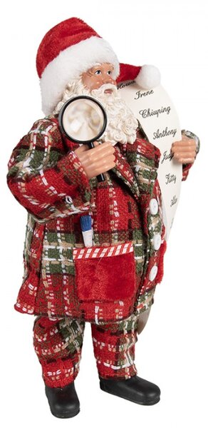 Červená vánoční dekorace Santa Claus v pyžamu držící seznam jmen dětí a lupu – 27 cm