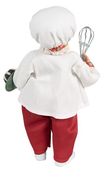 Bílá vánoční dekorace Santa Claus s kuchařskou čepicí držící dortík s polevou s metličkou – 27 cm