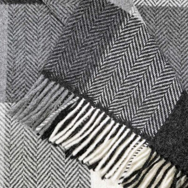 Deka Merino vlna / kašmír White Grey Herringbone Block Check 180 x 136 cm John Hanly