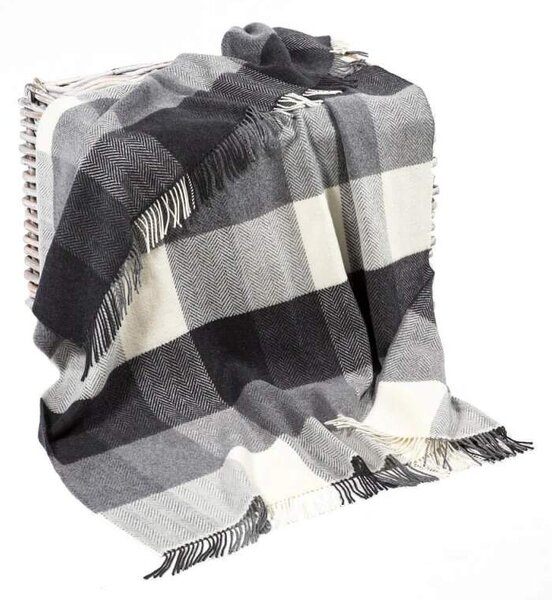 Deka Merino vlna / kašmír White Grey Herringbone Block Check 180 x 136 cm John Hanly