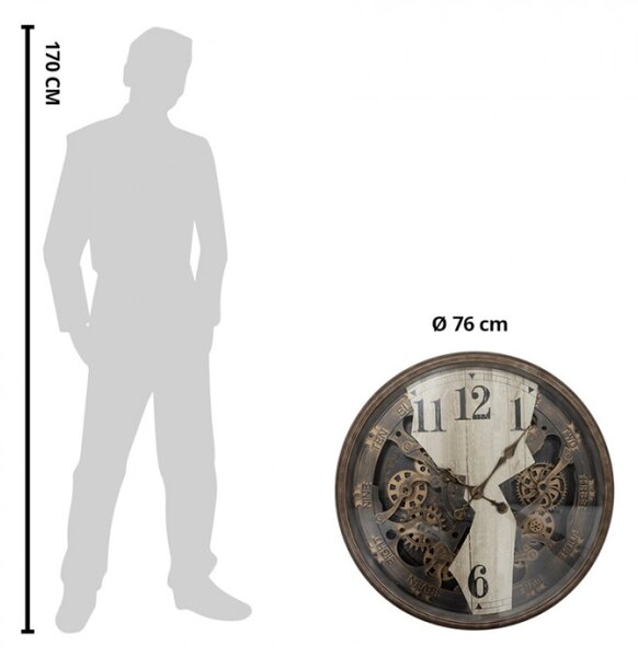 Hnědé nástěnné hodiny s imitací průhledu do hodinového stroje – 76x10 cm