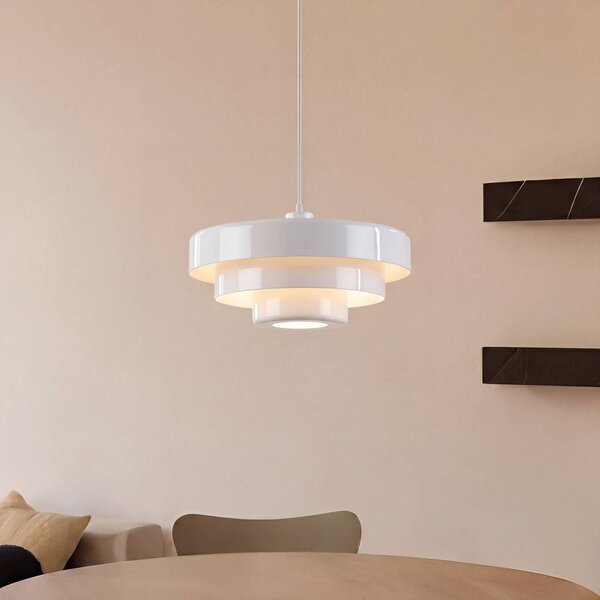 Lindby Závěsné světlo Tivra, bílé, Ø 35 cm, kov, E27, stmívatelný, Bílá / opál, Obývací pokoj / jídelna, kov, Design