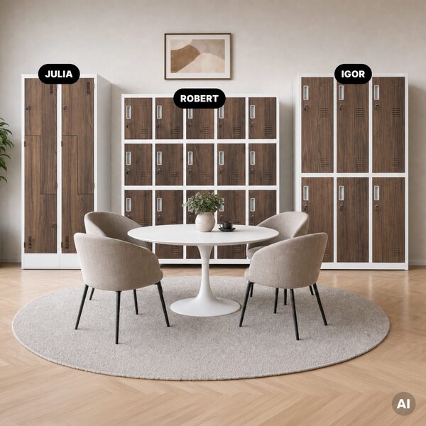 Sociální BHP skříň s přihrádkami bílá / ořech, 1360x1720x450 mm: ROBERT Eco Design