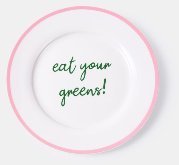 Sinsay - Keramický talíř s nápisem "eat your greens!" a růžovým okrajem - pastelová růžová