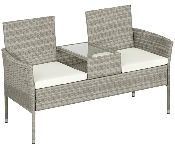 Outsunny Zahradní lavice pro 2 osoby s centrálním konferenčním stolkem, zahradní pohovka z oceli, PE ratan a polyester, 137x59x82 cm, šedá a krémová |