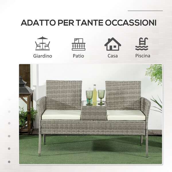 Outsunny Zahradní lavice pro 2 osoby s centrálním konferenčním stolkem, zahradní pohovka z oceli, PE ratan a polyester, 137x59x82 cm, šedá a krémová |