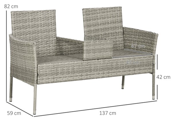 Outsunny Zahradní lavice pro 2 osoby s centrálním konferenčním stolkem, zahradní pohovka z oceli, PE ratan a polyester, 137x59x82 cm, šedá a krémová |