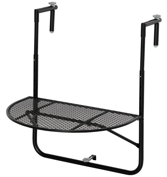 Skládací kovový stůl na zábradlí Outsunny, balkonový stůl s nastavitelnou výškou pro zábradlí 3-11 cm, půlkruhový tvar, 60x60x57-72 cm, černý | Aosom