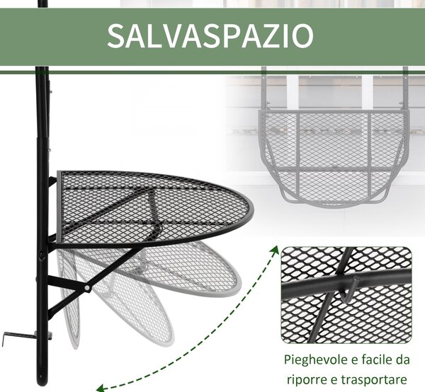 Skládací kovový stůl na zábradlí Outsunny, balkonový stůl s nastavitelnou výškou pro zábradlí 3-11 cm, půlkruhový tvar, 60x60x57-72 cm, černý | Aosom