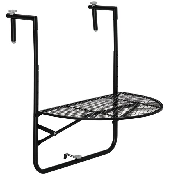 Skládací kovový stůl na zábradlí Outsunny, balkonový stůl s nastavitelnou výškou pro zábradlí 3-11 cm, půlkruhový tvar, 60x60x57-72 cm, černý | Aosom
