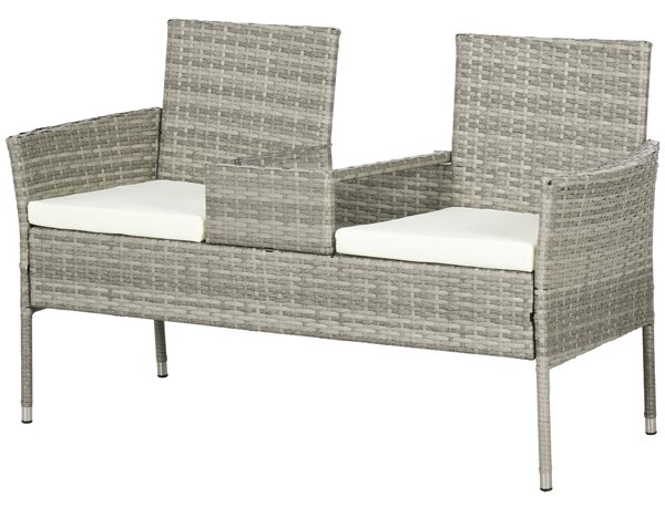 Outsunny Zahradní lavice pro 2 osoby s centrálním konferenčním stolkem, zahradní pohovka z oceli, PE ratan a polyester, 137x59x82 cm, šedá a krémová |