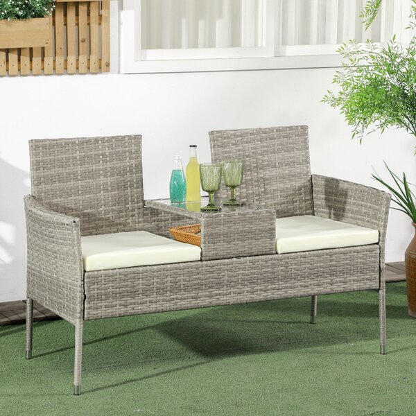 Outsunny Zahradní lavice pro 2 osoby s centrálním konferenčním stolkem, zahradní pohovka z oceli, PE ratan a polyester, 137x59x82 cm, šedá a krémová |