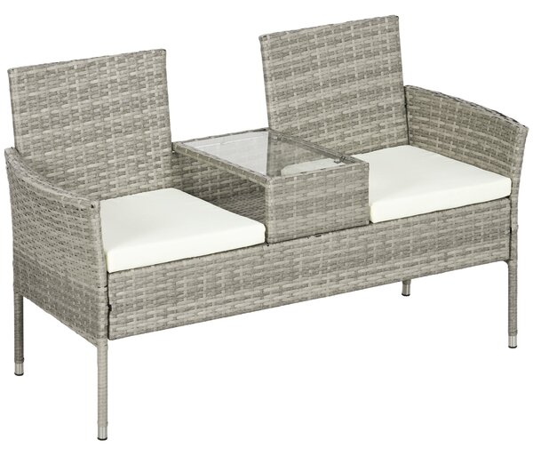 Outsunny Zahradní lavice pro 2 osoby s centrálním konferenčním stolkem, zahradní pohovka z oceli, PE ratan a polyester, 137x59x82 cm, šedá a krémová |