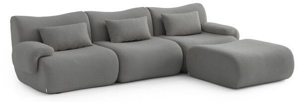 MILYSOFA SOFATIME – třímístná modulární rohová pohovka s lehátkem, jemná bouclé látka, barva oblakově šedá