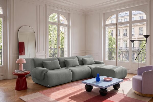 MILYSOFA SOFATIME – třímístná modulární rohová pohovka s lehátkem, jemná bouclé látka, barva oblakově šedá