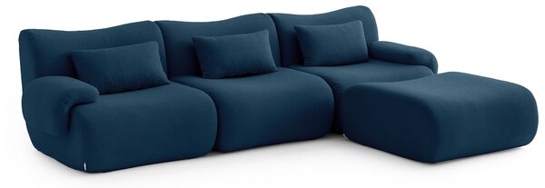 MILYSOFA SOFATIME – třímístná modulární rohová pohovka s lehátkem, jemná bouclé látka, tmavě modrá