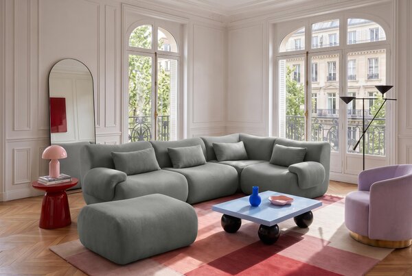 MILYSOFA SOFATIME – 4místná modulární rohová pohovka s lehátkem, jemná smyčková látka, barva „oblačná šedá“