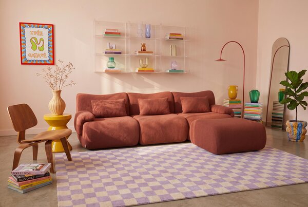 MILYSOFA SOFATIME – třímístná modulární rohová pohovka s lehátkem, jemná smyčková látka, terakotově červená