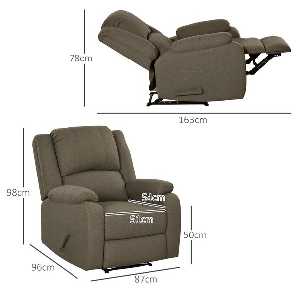 HOMCOM Ručně ovládané relaxační křeslo s funkcí sklopení, vzhled lnu, TV křeslo se bočním madlem, podnožkou, nosnost až 150 kg, pro obývací pokoj, hně