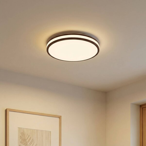 Lindby LED stropní svítidlo Emiva, Ø 40 cm, tmavé dřevo,, Tmavé dřevo, Obývací pokoj / jídelna, Dřevo, Moderní