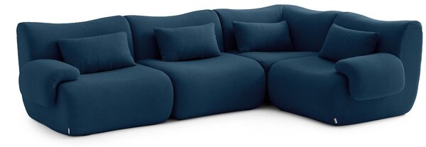 MILYSOFA SOFATIME, modulární rohová sedačka pro 4 osoby s chaise longue, potažená jemnou tkaninou bouclé, barva tmavě modrá