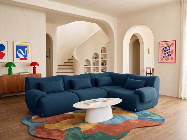MILYSOFA SOFATIME, modulární rohová sedačka pro 4 osoby s chaise longue, potažená jemnou tkaninou bouclé, barva tmavě modrá