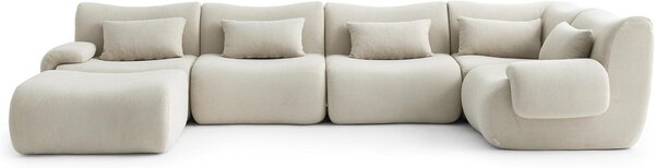 MILYSOFA SOFATIME – 5místná modulární rohová pohovka s lehátkem, krémově béžová, jemná bouclé látka