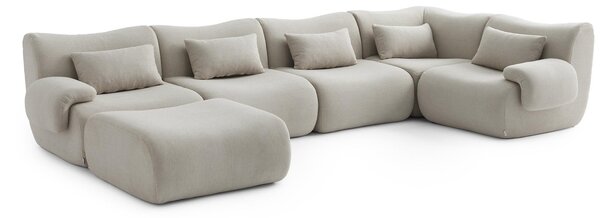 MILYSOFA SOFATIME – 5místná modulární rohová pohovka s lehátkem, krémově béžová, jemná bouclé látka