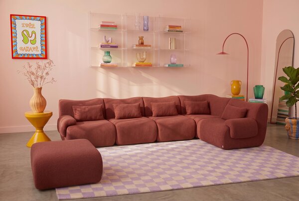 MILYSOFA SOFATIME – 5místná modulární rohová pohovka s lehátkem, jemná smyčková látka, terakotově červená