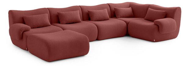 MILYSOFA SOFATIME – 5místná modulární rohová pohovka s lehátkem, jemná smyčková látka, terakotově červená