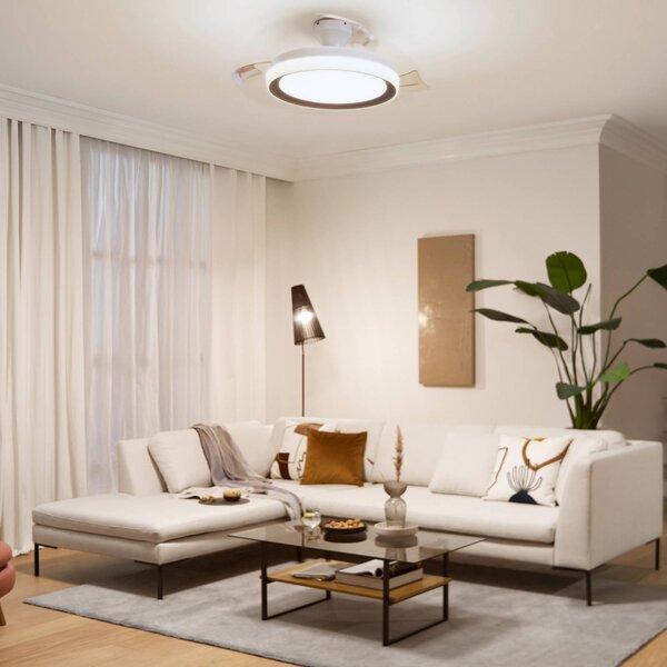 Philips Stropní ventilátor Bliss s LED osvětlením, zlatý/bílý, tichý,, stmívatelný, Bílá / opál, Obývací pokoj / jídelna, kov, Moderní
