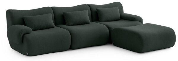 MILYSOFA SOFATIME – třímístná modulární rohová pohovka s lehátkem, jemná smyčková látka, lesní zelená