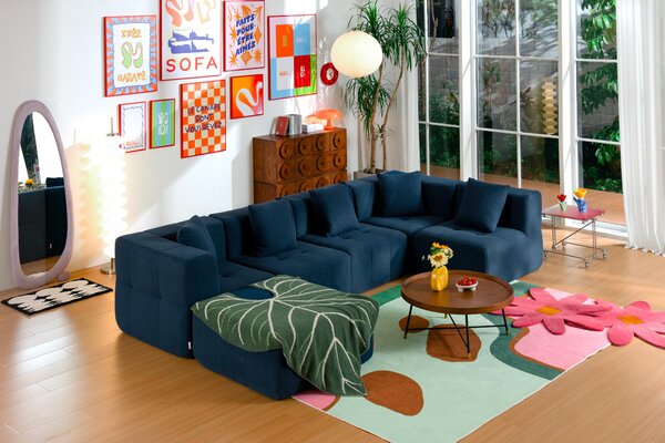 MILYSOFA SOFABULOUS – 5místná modulární rohová pohovka s lehátkem, jemná bouclé látka, tmavě modrá