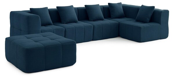 MILYSOFA SOFABULOUS – 5místná modulární rohová pohovka s lehátkem, jemná bouclé látka, tmavě modrá