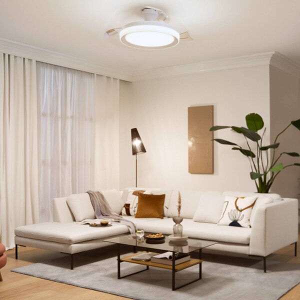 Philips Stropní ventilátor Bliss s LED osvětlením, bílý, stejnosměrný, tichý, stmívatelný, Bílá / opál, Obývací pokoj / jídelna, kov, Moderní