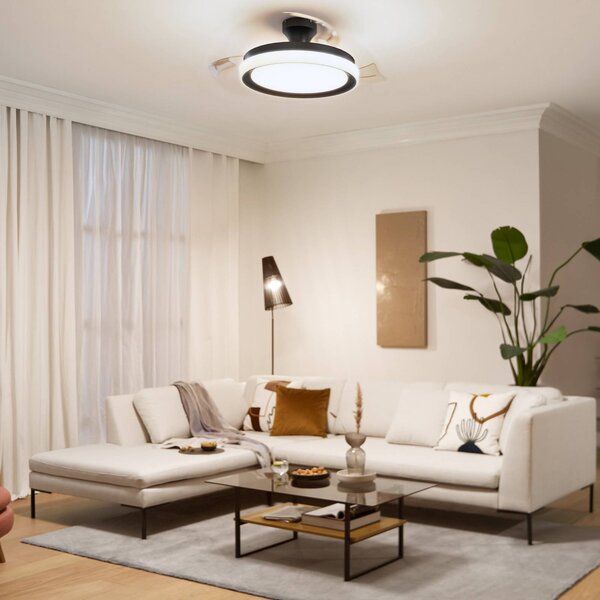 Philips Stropní ventilátor LED Bliss, černý/bílý, DC, tichý, stmívatelný, Černá, Obývací pokoj / jídelna, kov, Moderní