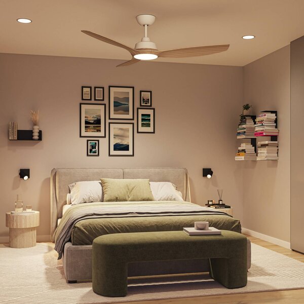 Philips Ventilátor LED Olas, Ø 132 cm, hnědý/bílý,, stmívatelný, Bílá / opál, Obývací pokoj / jídelna, Plast, Moderní