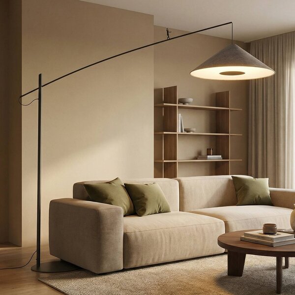 Nowodvorski Lighting Lampový oblouk Poise, antracitově šedý, ocel, textil, dosah 260 cm, Hliník / šedá / zinek, Obývací pokoj / jídelna, kov, Moderní, stojací lampa