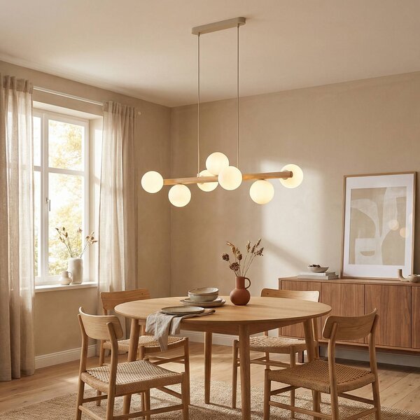 TK Lighting Závěsné svítidlo Estera, opálové sklo, dřevo, sedm světelných zdrojů, stmívatelný, Světlé dřevo, Obývací pokoj / jídelna, Sklo, Koule