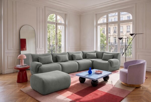MILYSOFA SOFATIME – 5místná modulární rohová pohovka s lehátkem, jemná smyčková látka, barva „oblačná šedá“