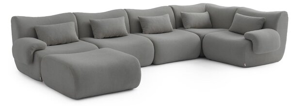 MILYSOFA SOFATIME – 5místná modulární rohová pohovka s lehátkem, jemná smyčková látka, barva „oblačná šedá“